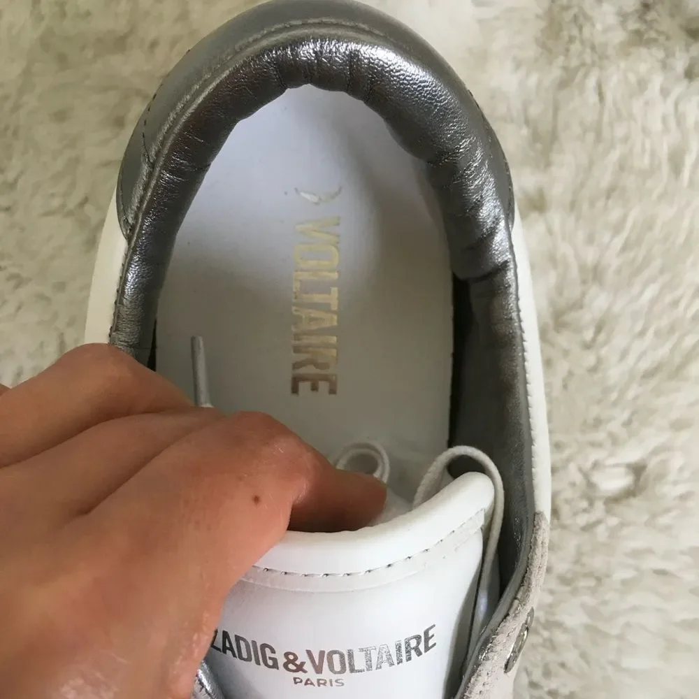 NEW ZADIG & VOLTAIRE White Leather Lightning Bolt Studded Sneakers Size 10